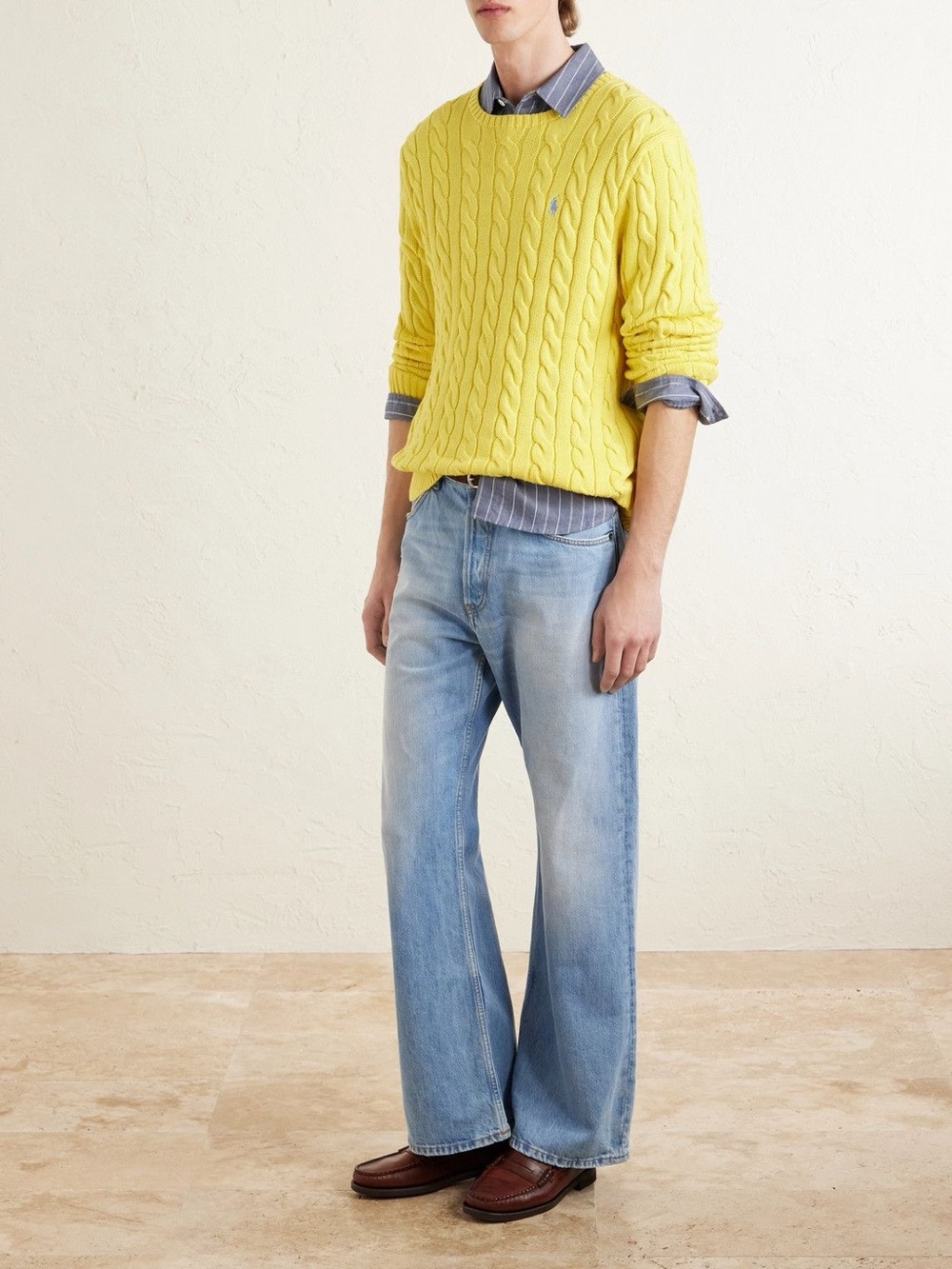 Bright Yellow Cable-Knit Crewneck Sweater